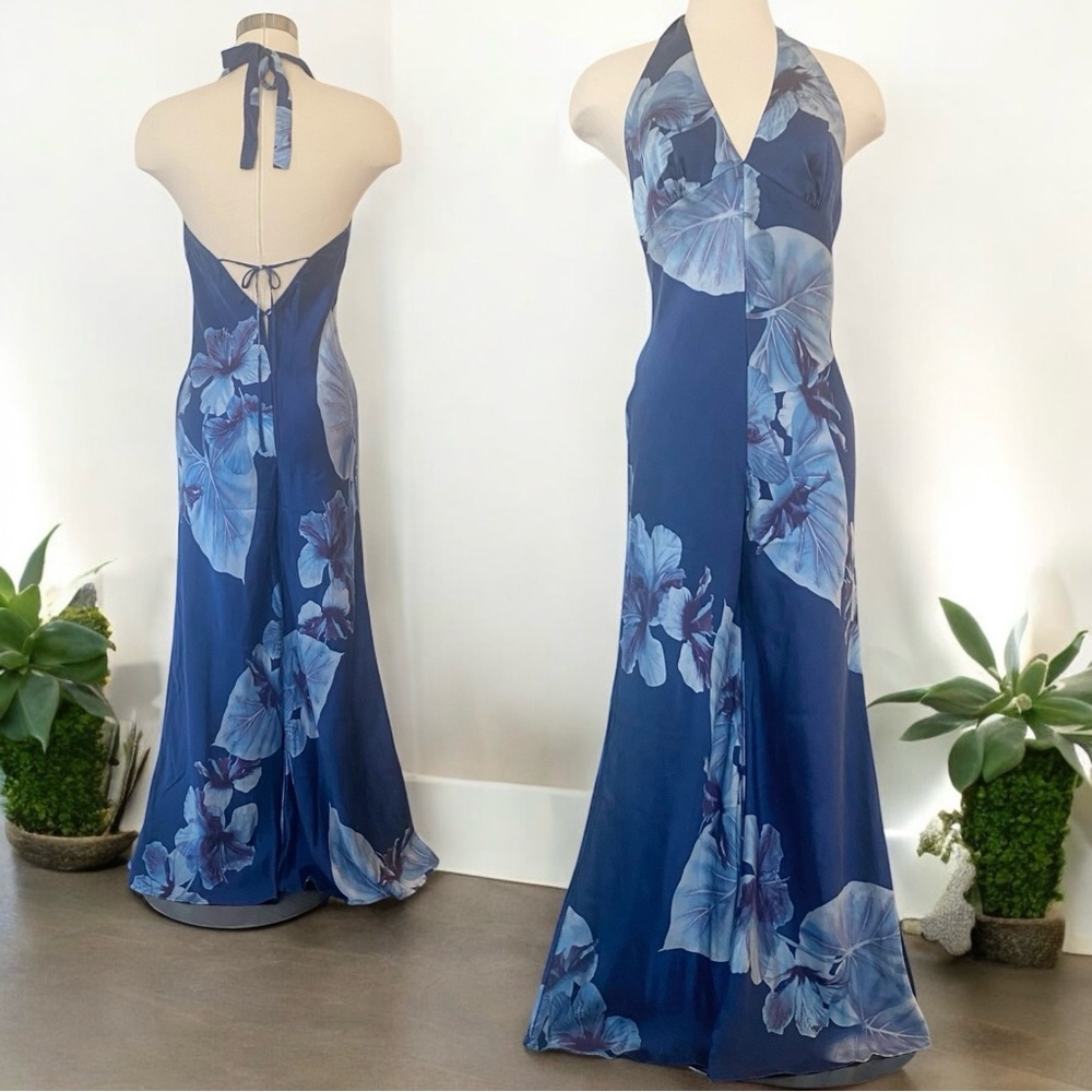 Y2K Victoria’s Secret 100% Silk Bold Floral Blue Maxi Halter Jumpsuit Catsuit M